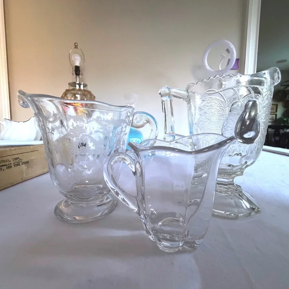 Vintage Glass Set Etched Floral Embossed Piece‎ Pear Footed Pitcher 3pc Clear